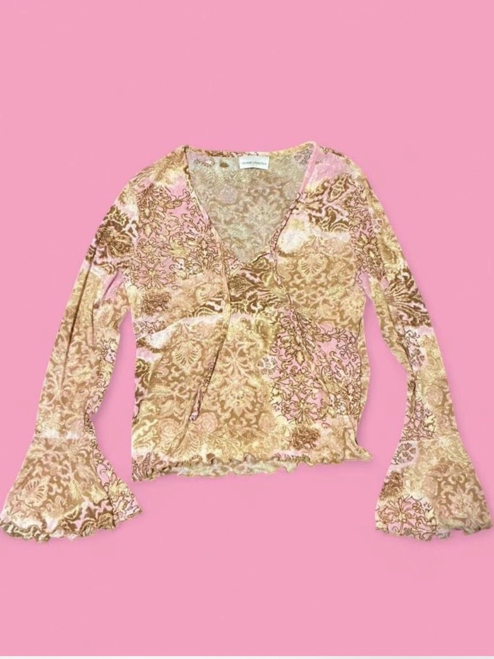 🌸 Y2K Pink & Brown Mesh Bell Sleeve Top 🌸